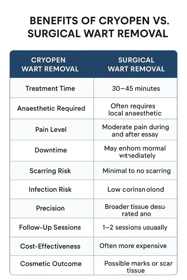 Table showing the benefits of cryopen to remove warts Scunthorpe compared to surgical treatment